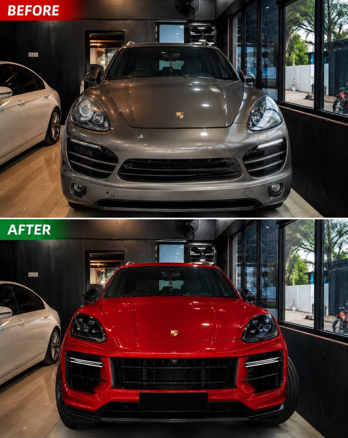 Before and after comparison of a Porsche Cayenne's front end, shot from the same spot inside the Car Doctor India bay — grey and standard above, red with a new bumper and blacked-out lights below
