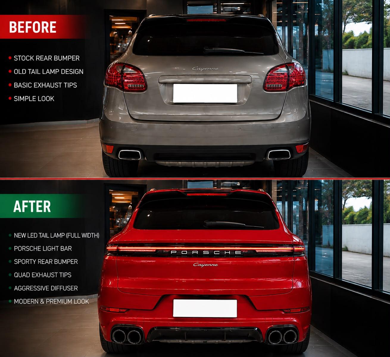 Before and after comparison of a Porsche Cayenne's rear end, shot from the same spot inside the Car Doctor India bay — grey with separate tail lamps above, red with a full-width LED light bar and quad exhausts below