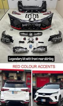 A body kit laid out on the workshop floor with front and rear skirting, alongside the fitted result on an SUV with red accents